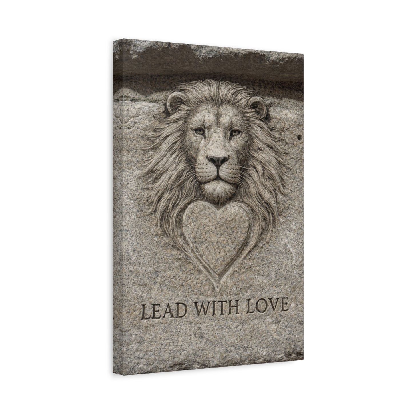 Lead with Love, Lion Heart Matte Canvas, Stretched 12 x 18" Louvre Carved Stone