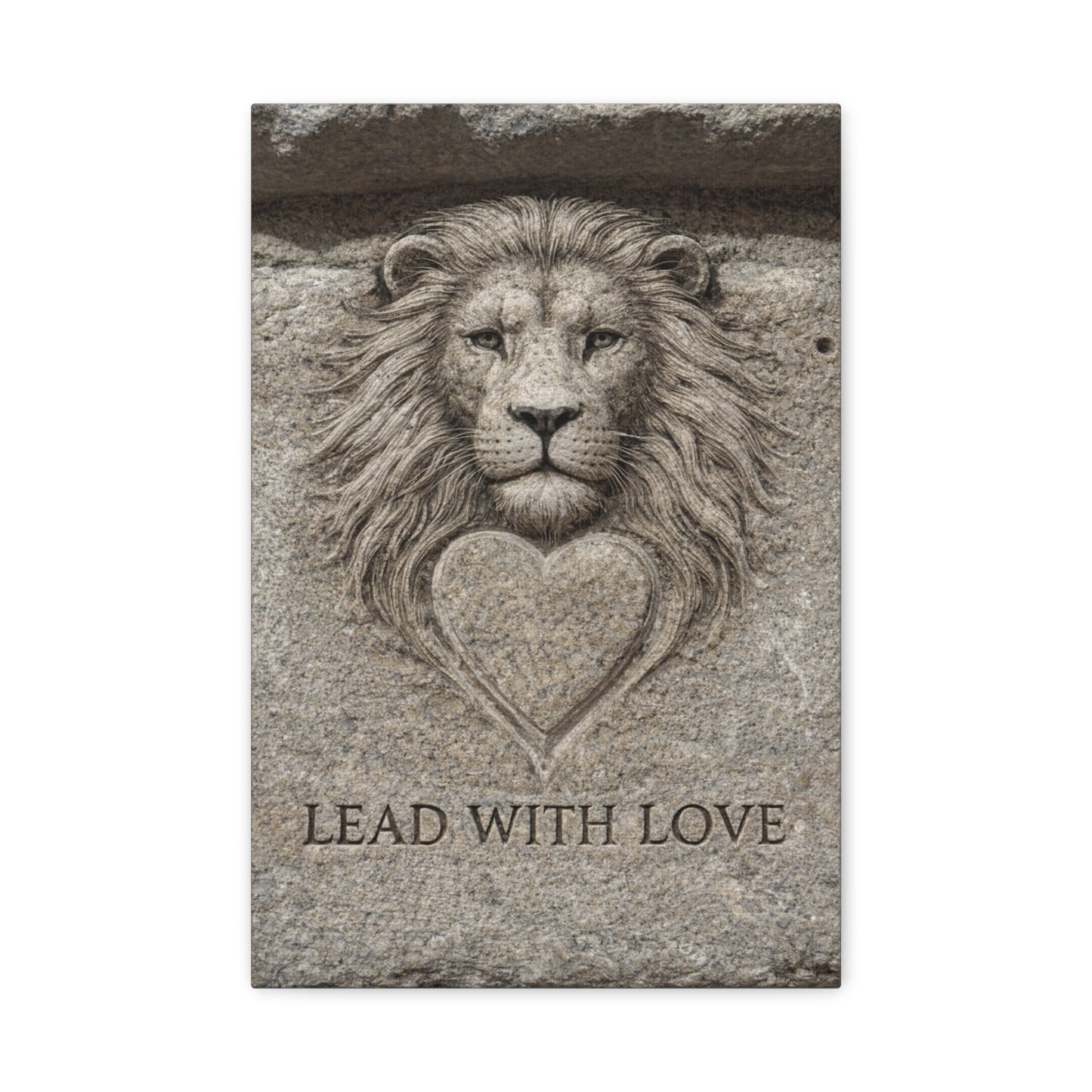 Lead with Love, Lion Heart Matte Canvas, Stretched 12 x 18" Louvre Carved Stone