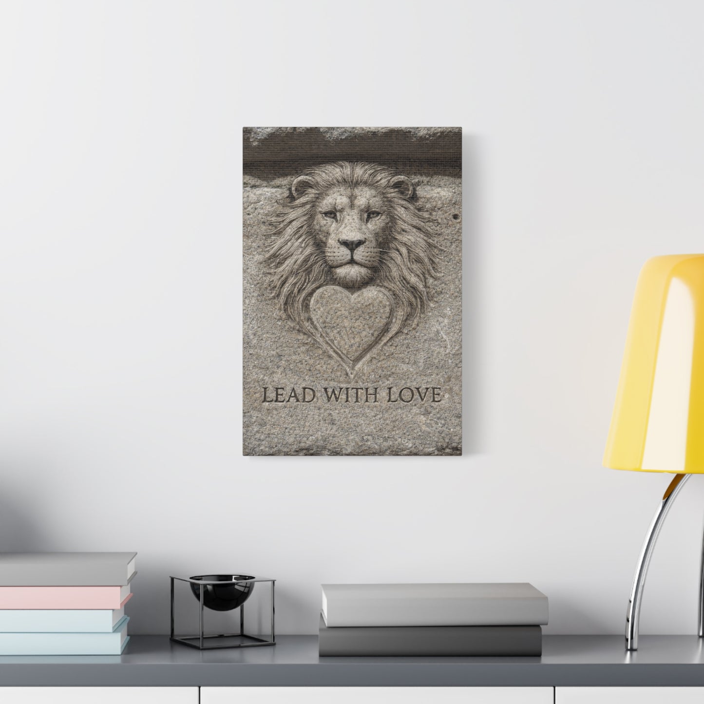Lead with Love, Lion Heart Matte Canvas, Stretched 12 x 18" Louvre Carved Stone
