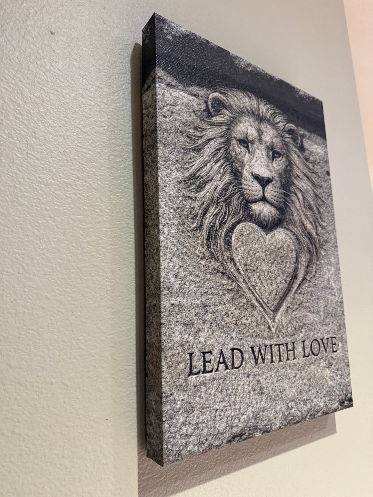 Lead with Love, Lion Heart Matte Canvas, Stretched 12 x 18" Louvre Carved Stone