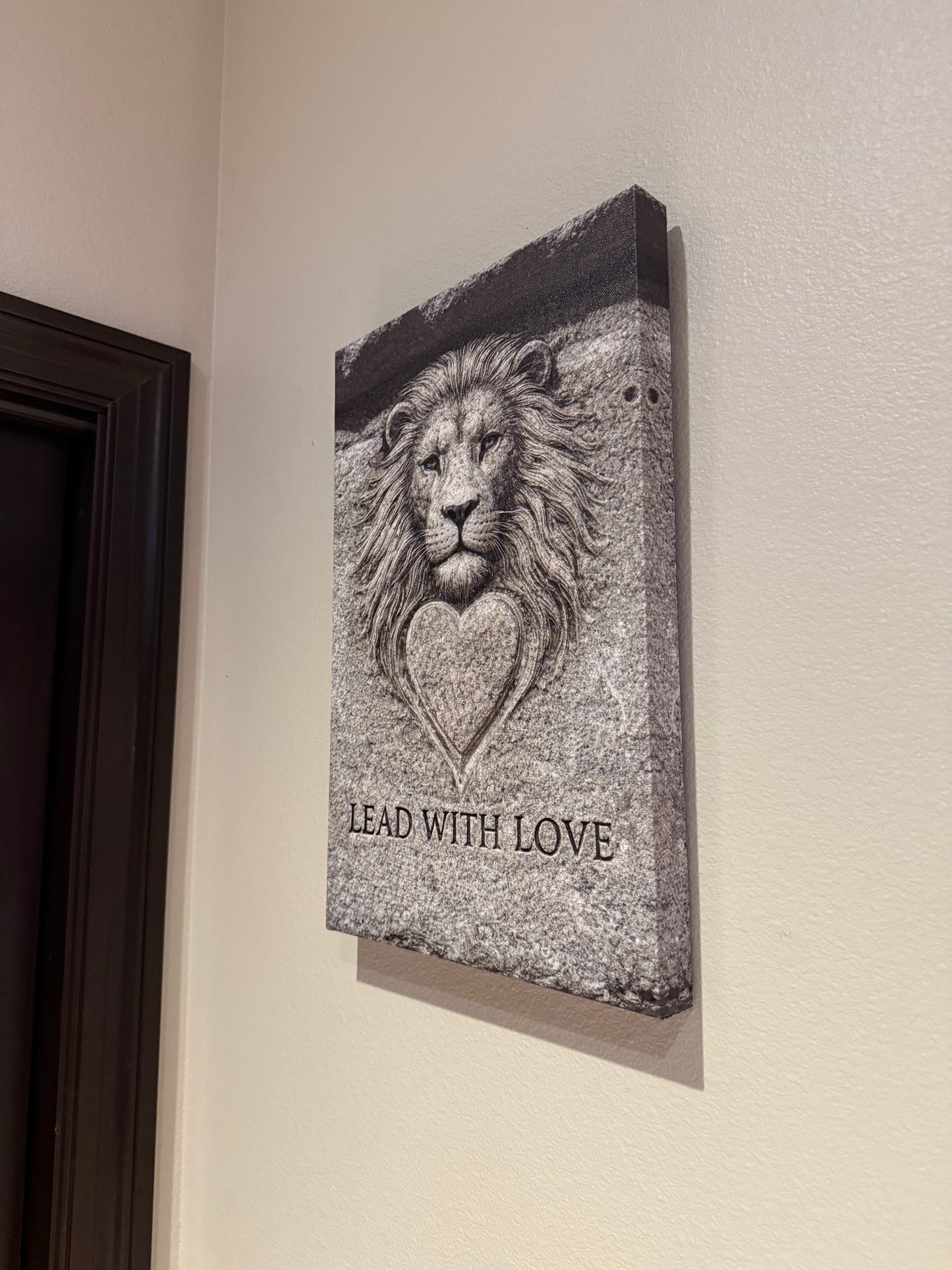 Lead with Love, Lion Heart Matte Canvas, Stretched 12 x 18" Louvre Carved Stone