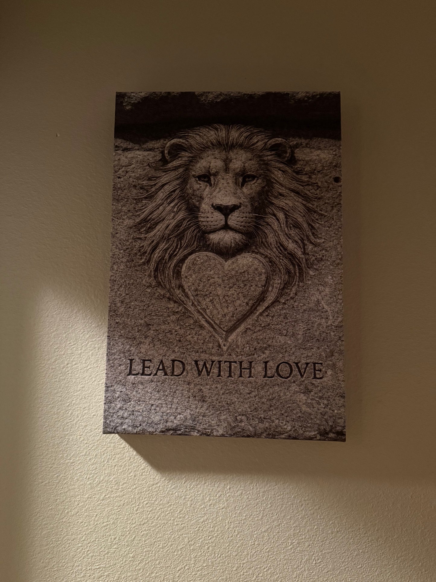 Lead with Love, Lion Heart Matte Canvas, Stretched 12 x 18" Louvre Carved Stone